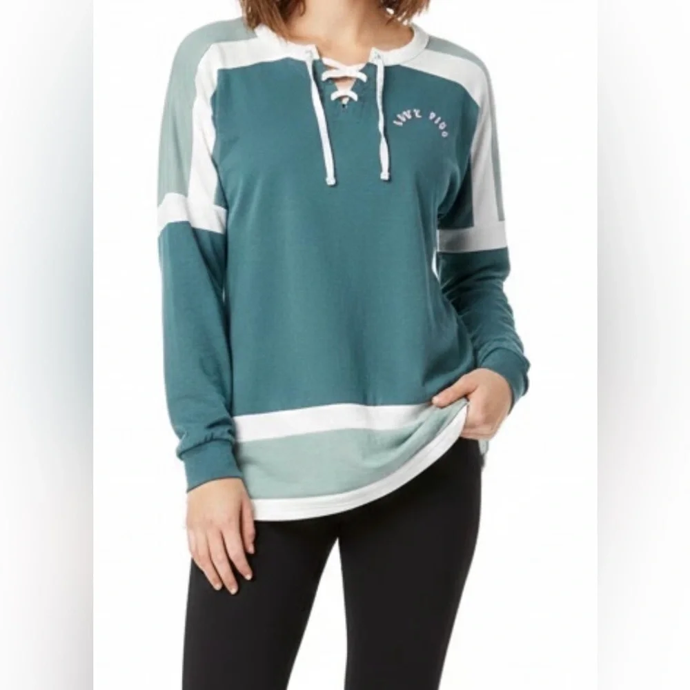 PINK Victoria's Secret Teal and White Lace-Up Oversized Sweatshirt - Picture 1 of 10